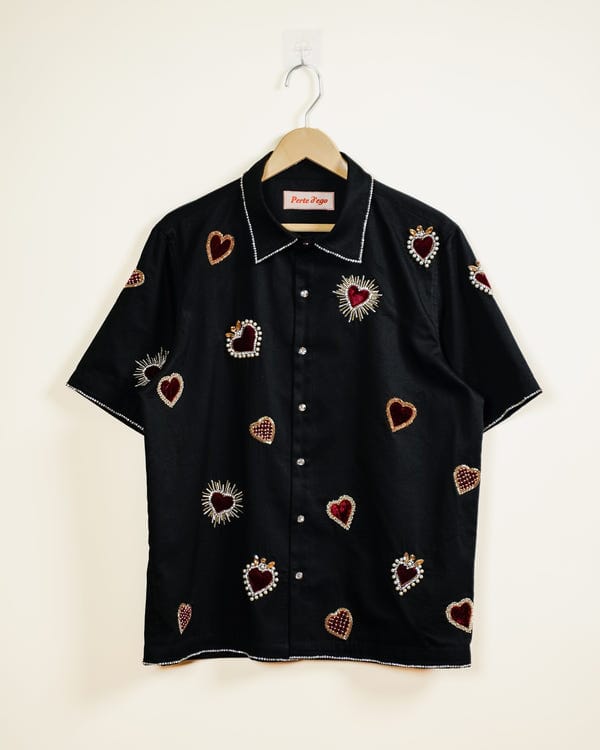 Perte D'ego — Velvet hearts appliqué shirt- Black