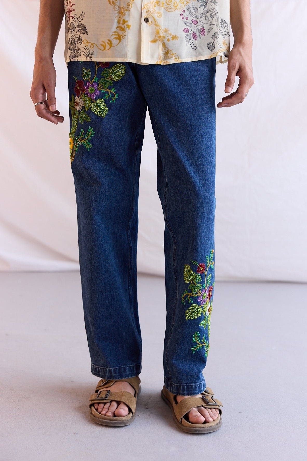 Hand embroidered floral straight fit jeans - image 1