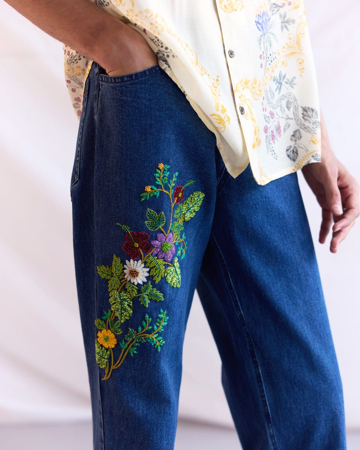 Hand embroidered floral straight fit jeans - image 4