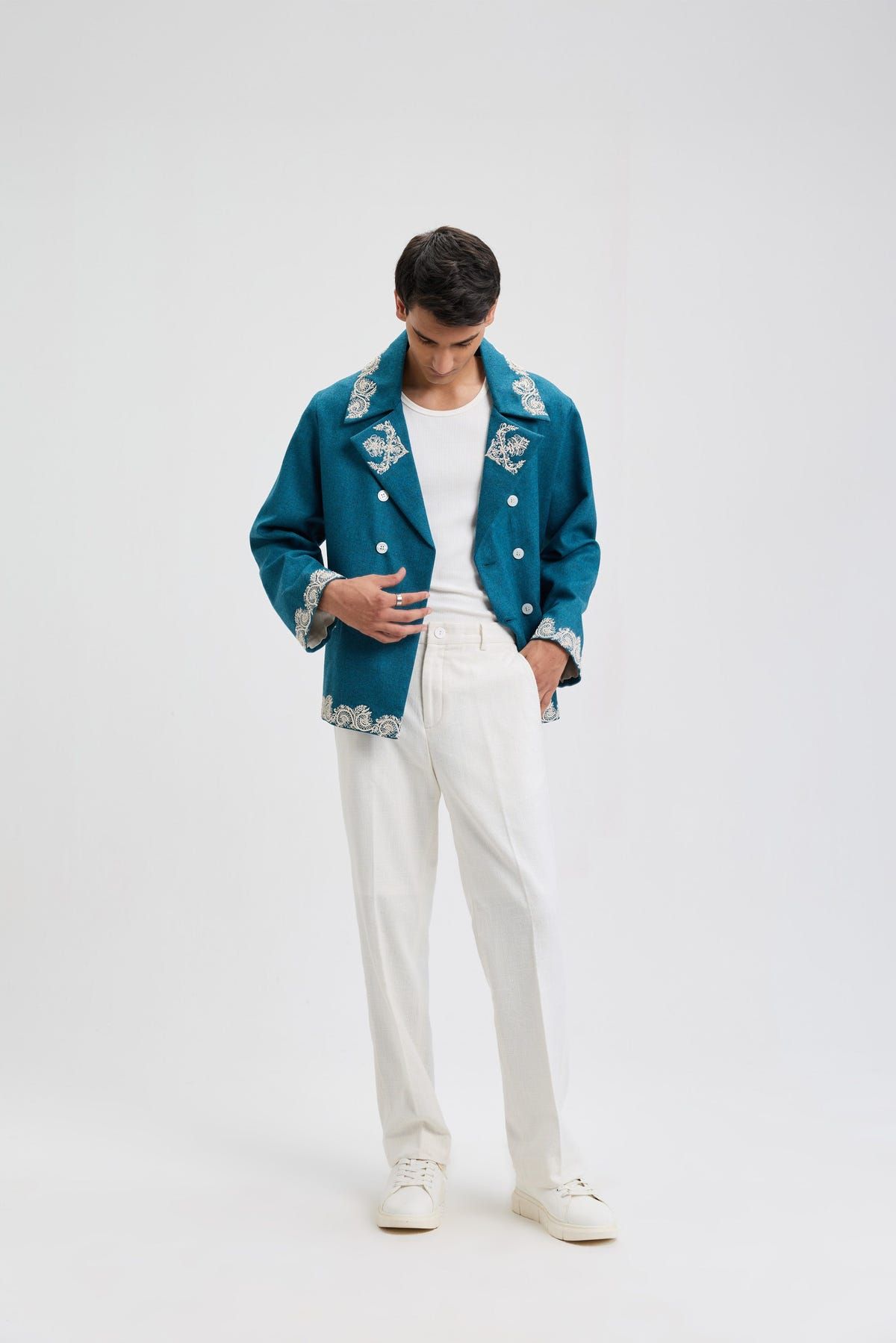 Beadwork merino wool peacoat - image 5