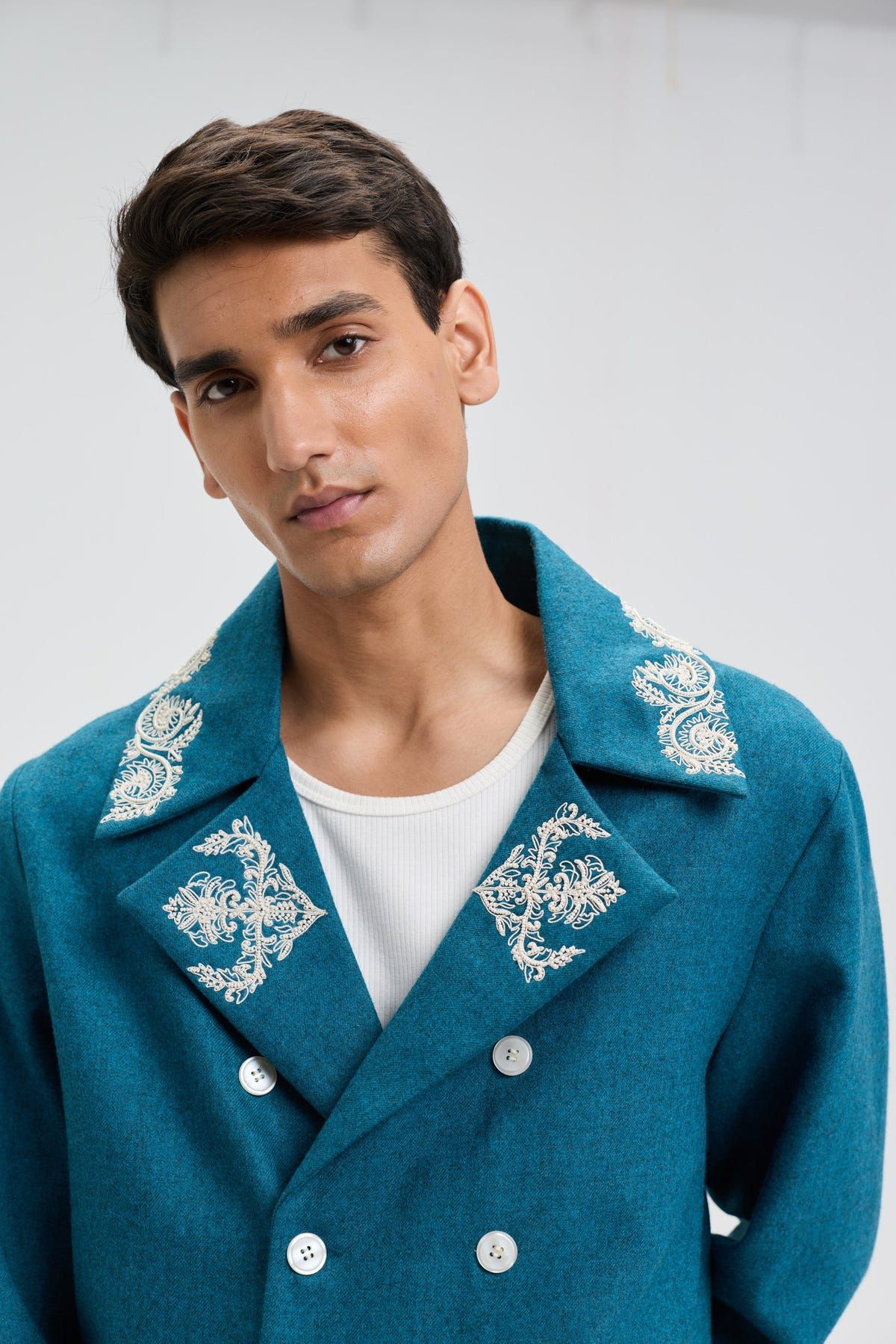Beadwork merino wool peacoat - image 6