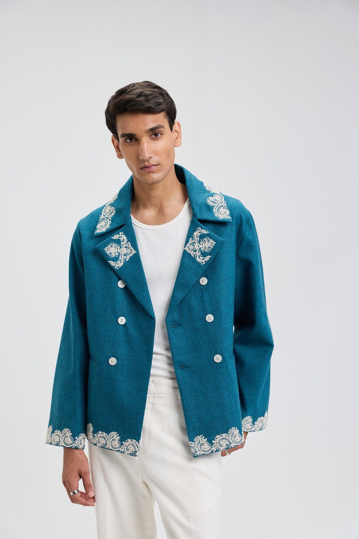 Beadwork merino wool peacoat - image 9