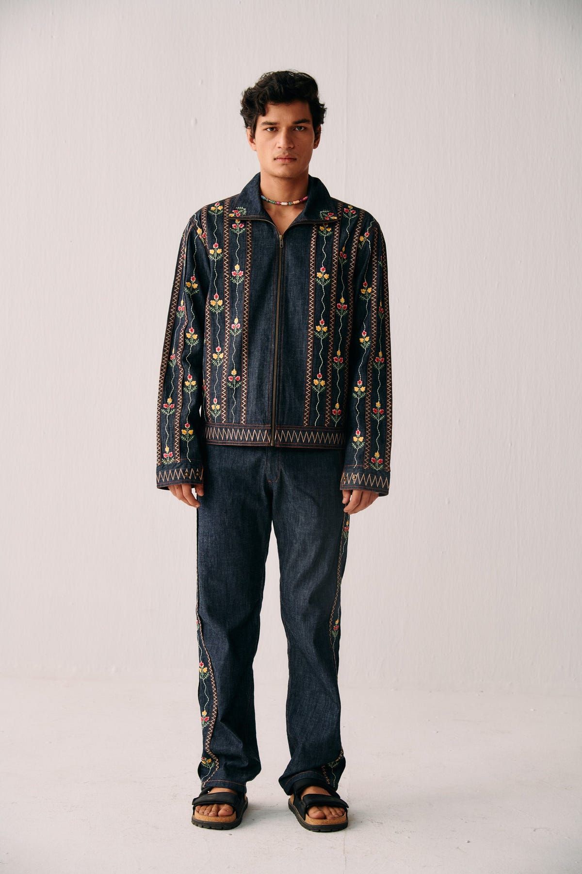 Floral embroidered racer denim jacket - image 1