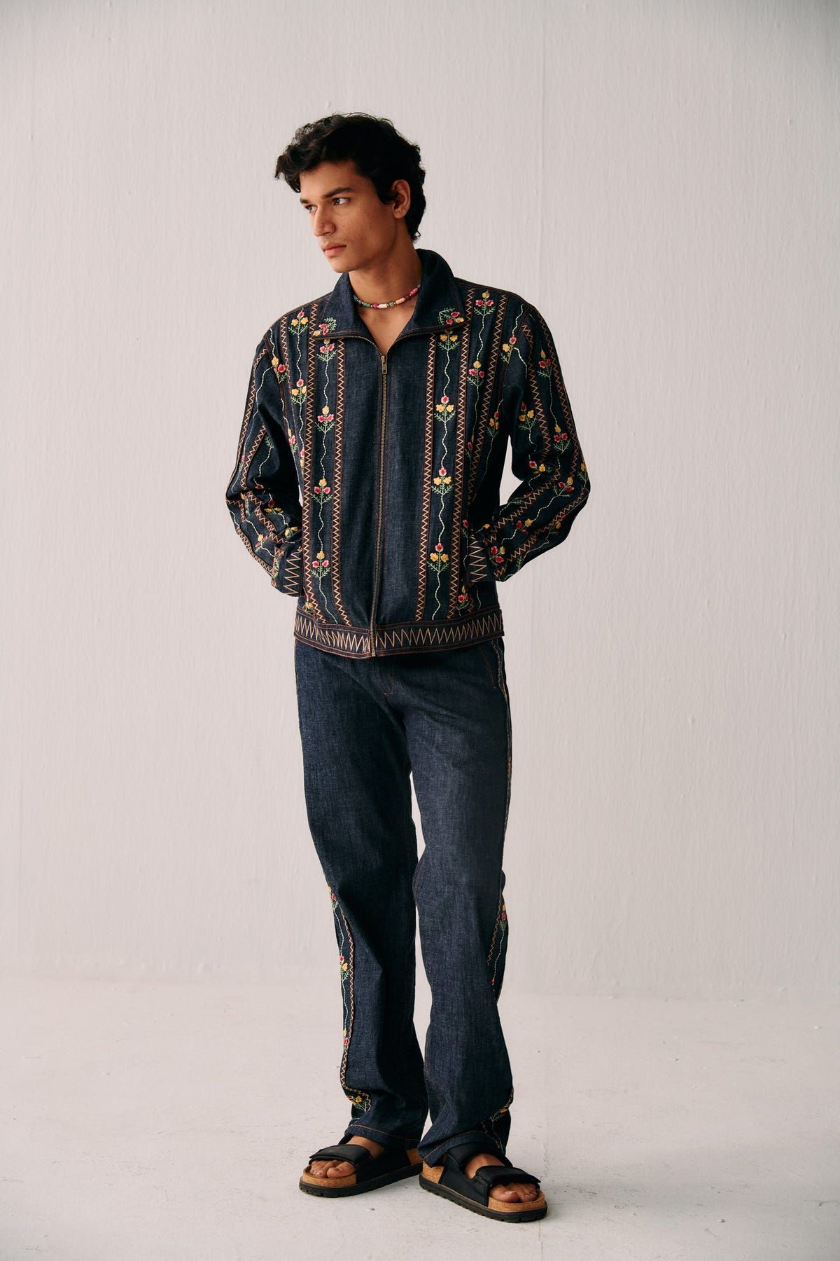 Floral embroidered racer denim jacket - image 2