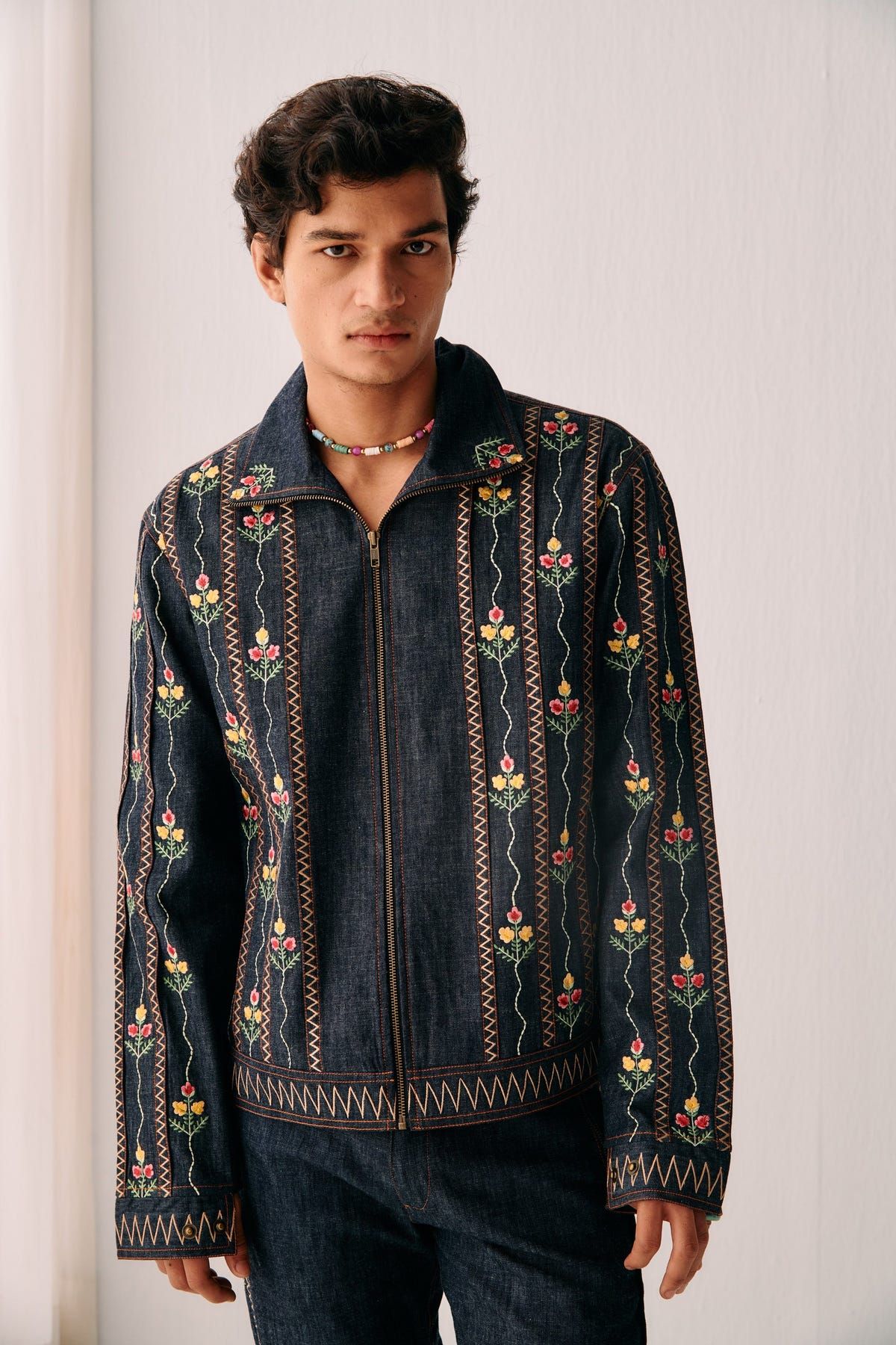 Floral embroidered racer denim jacket - image 5