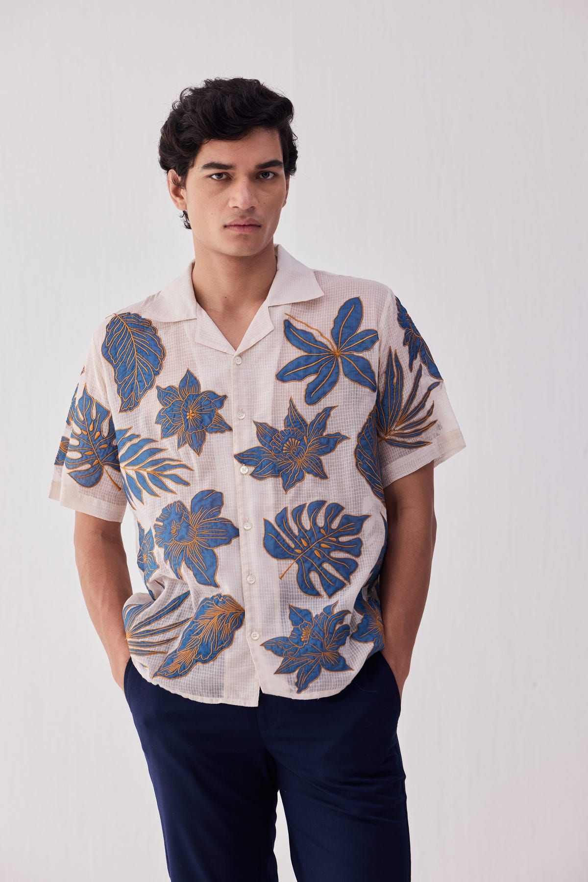 Blue floral appliqué shirt - image 2