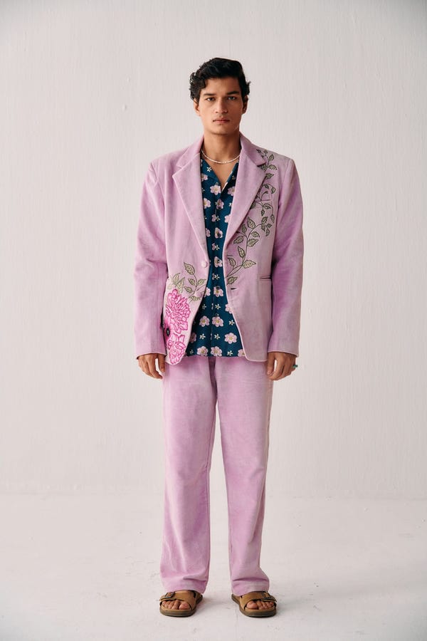 Perte D'ego — Vintage artwork embroidered blazer-Bubblegum Pink