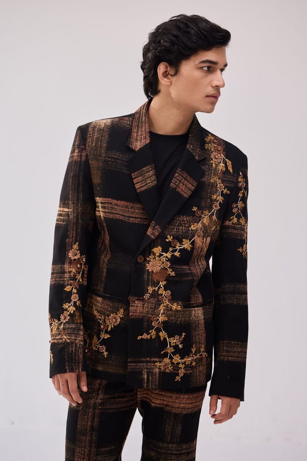 Perte D'ego — Floral hand embroidered checked blazer