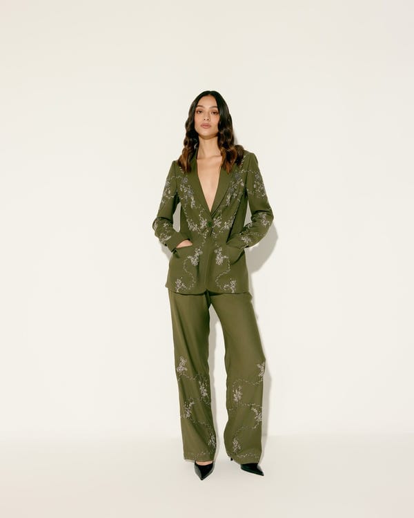 Perte D'ego — Hand embroidered olive green wide leg pants