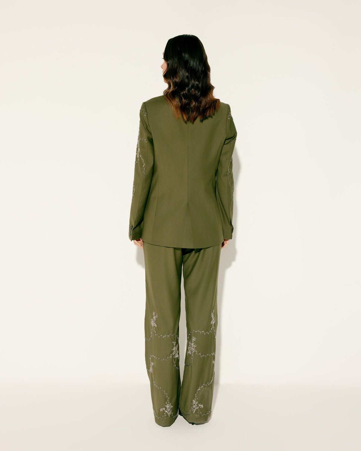 Hand embroidered olive green wide leg pants - image 3