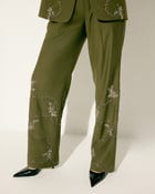 Hand embroidered olive green wide leg pants view 4
