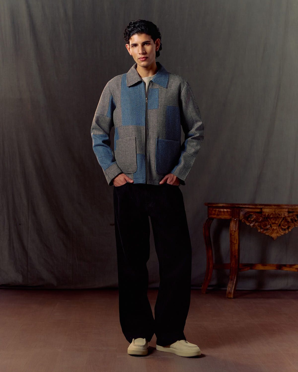 Patchwork wool zip up jacket - image 6