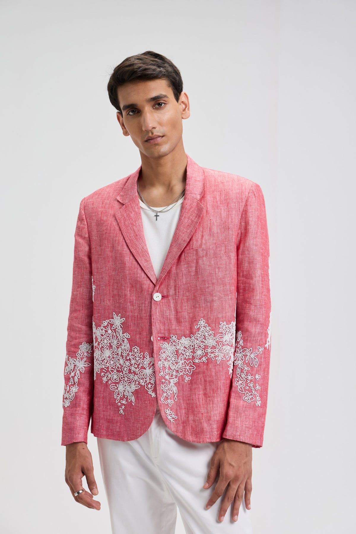 Hand embroidered floral beaded linen blazer - image 3
