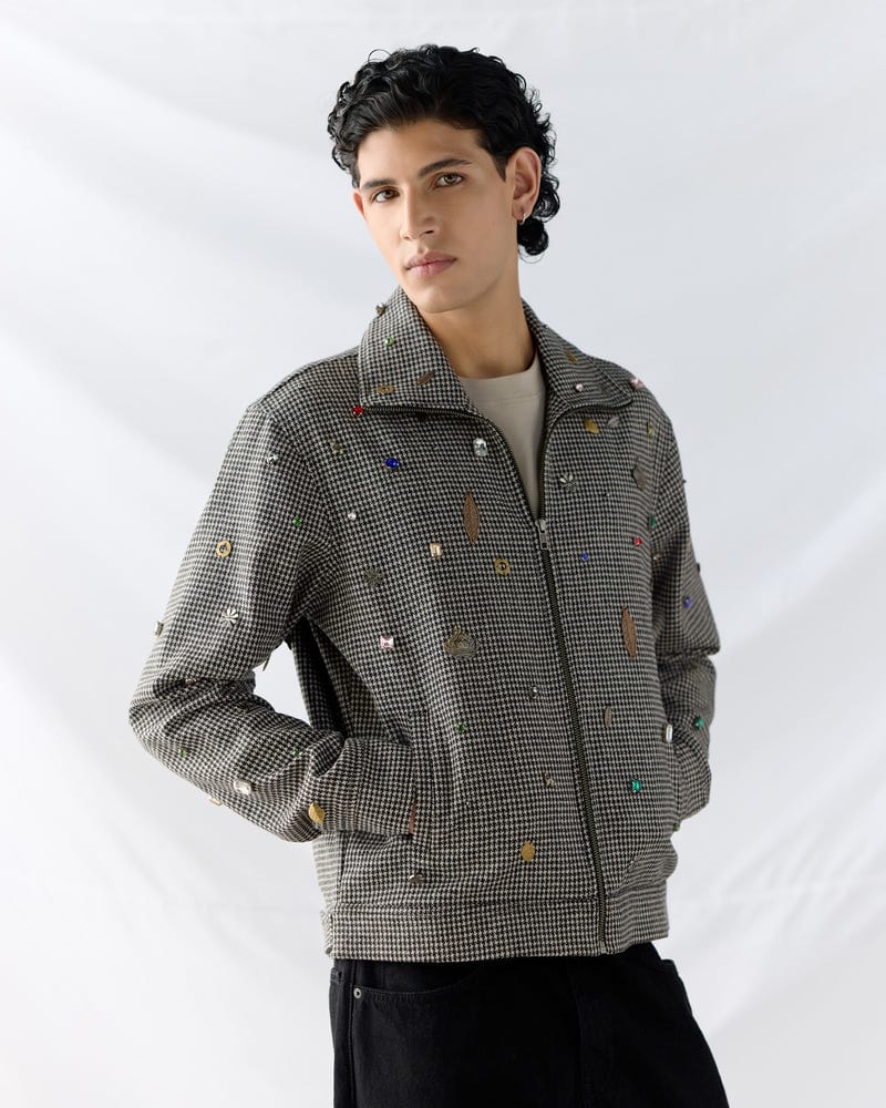 Hand embroidered wool zip up jacket