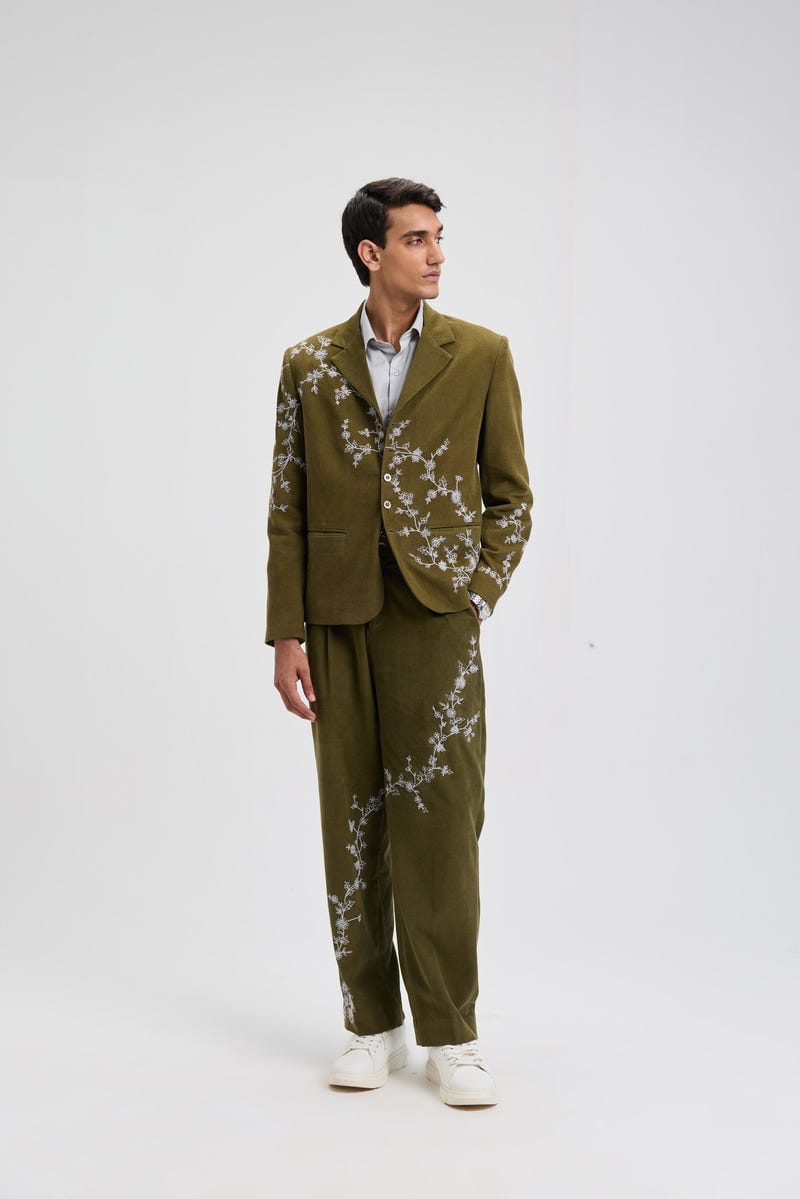 Verdant Vine Embroidered Corduroy Pants