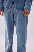 Hand embroidered straight fit denim pants view 4