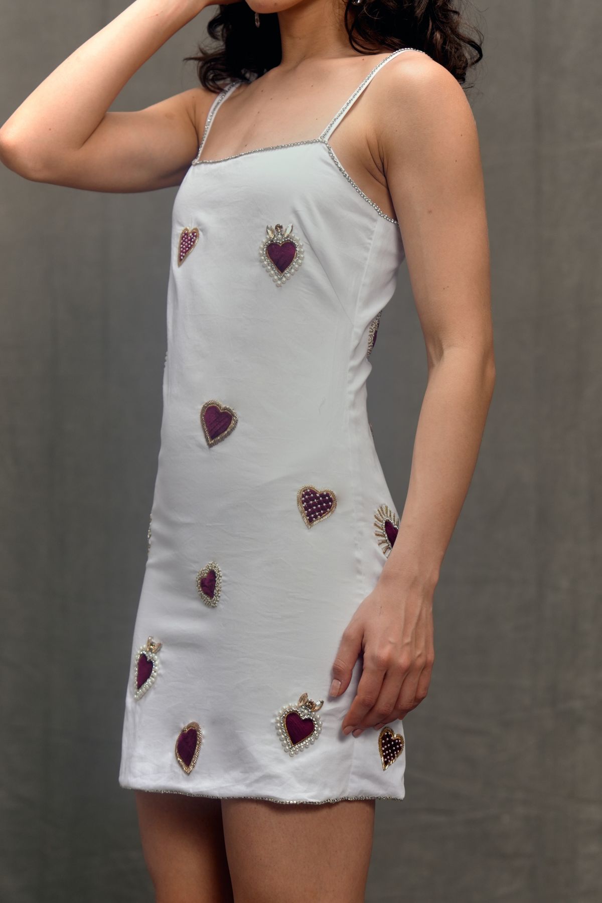 Velvet hearts hand embroidered dress- Ivory - image 1