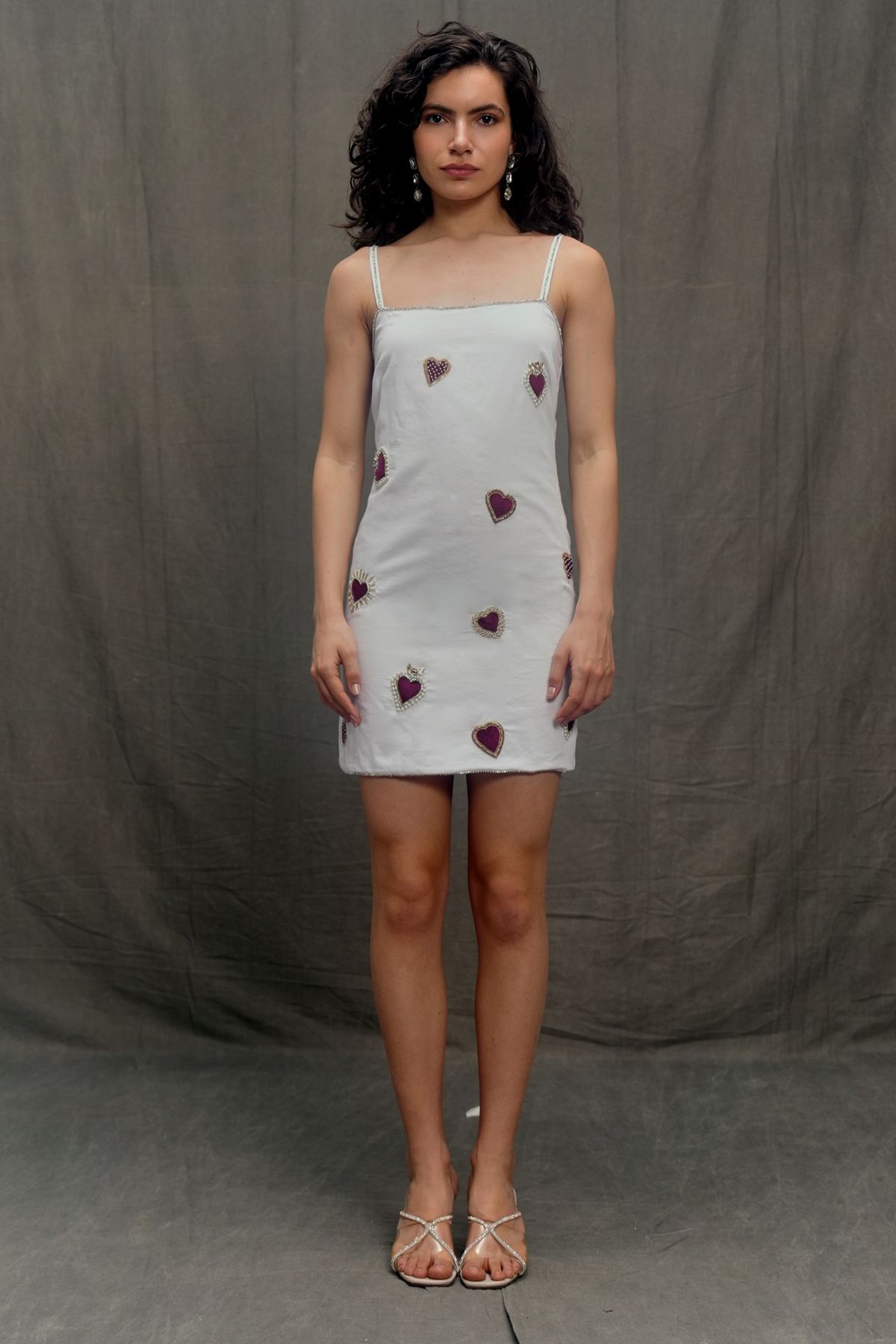 Velvet hearts hand embroidered dress- Ivory - image 2