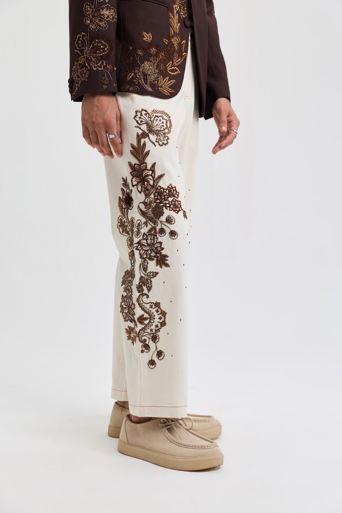 Ecru embroidered denim pants - image 1
