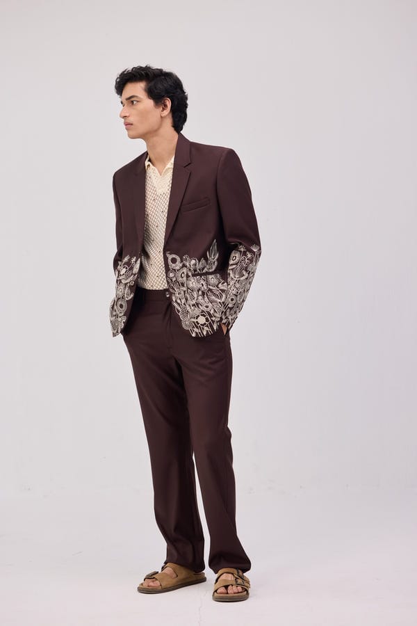 Perte D'ego — Chocolate Brown Floral Embroidered Casual Wedding Blazer