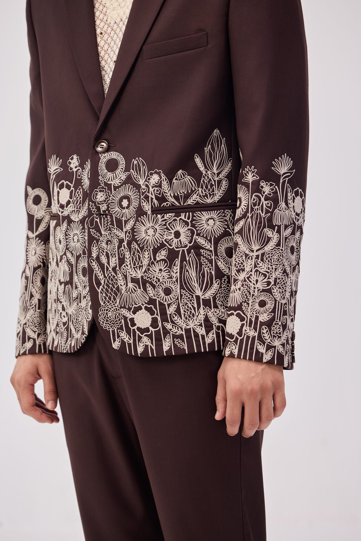 Chocolate Brown Floral Embroidered Casual Wedding Blazer - image 3