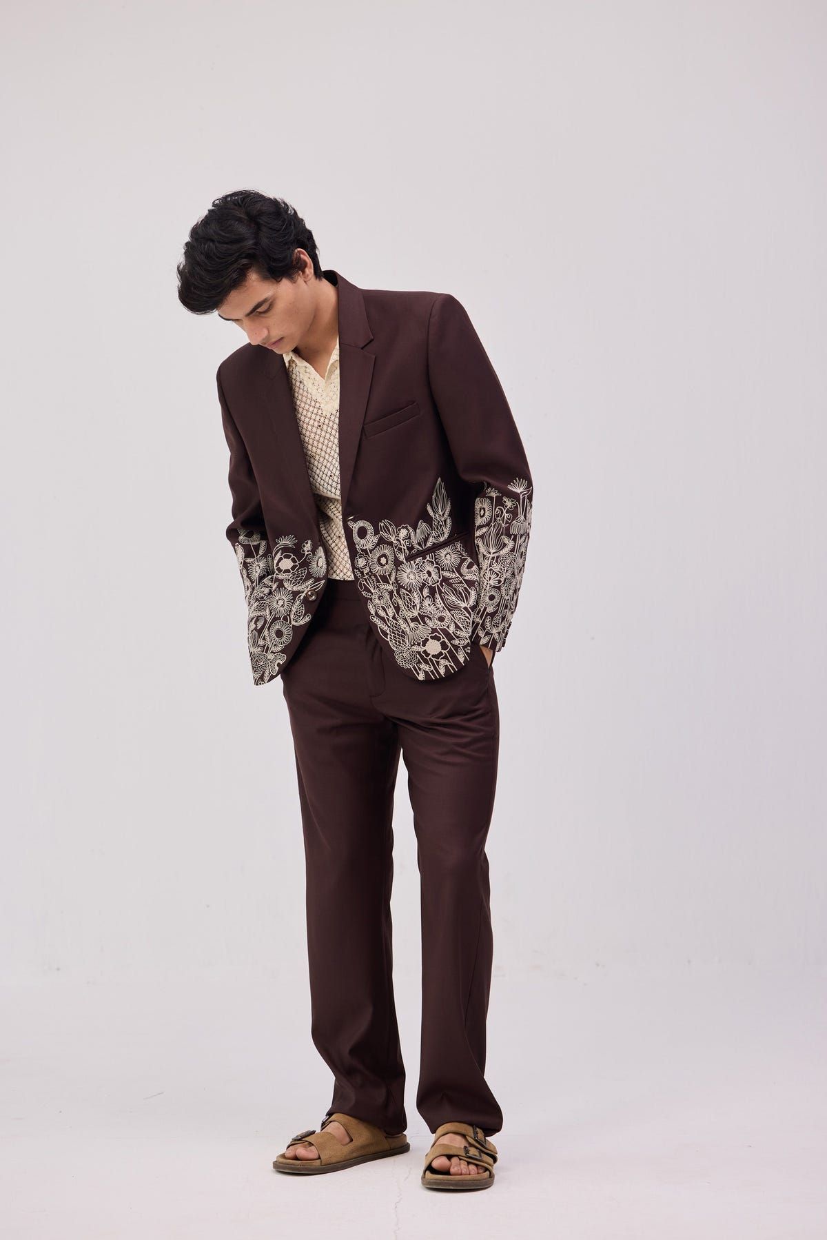 Chocolate Brown Floral Embroidered Casual Wedding Blazer - image 5