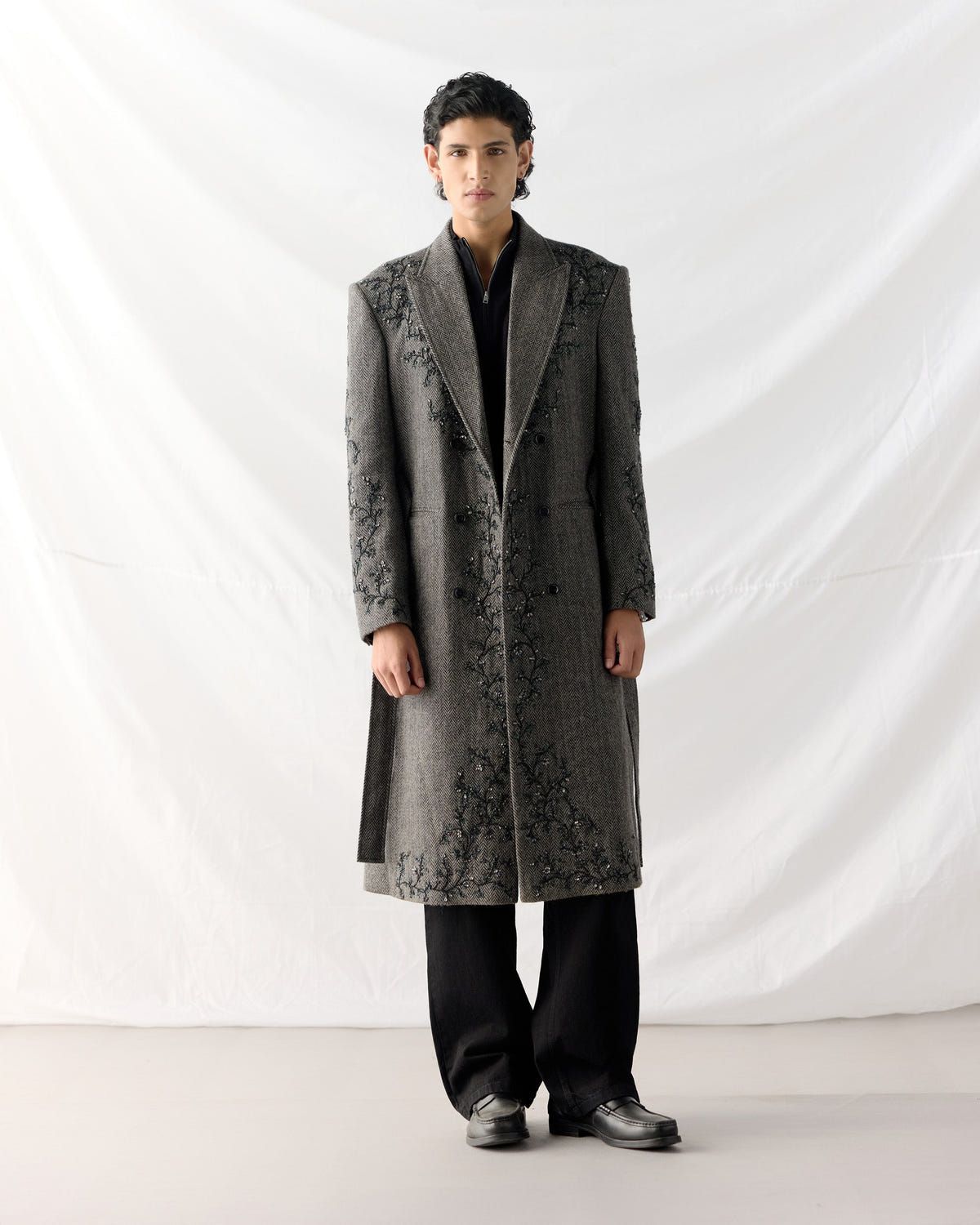 Midnight Vine Embroidered Wool Overcoat - image 1