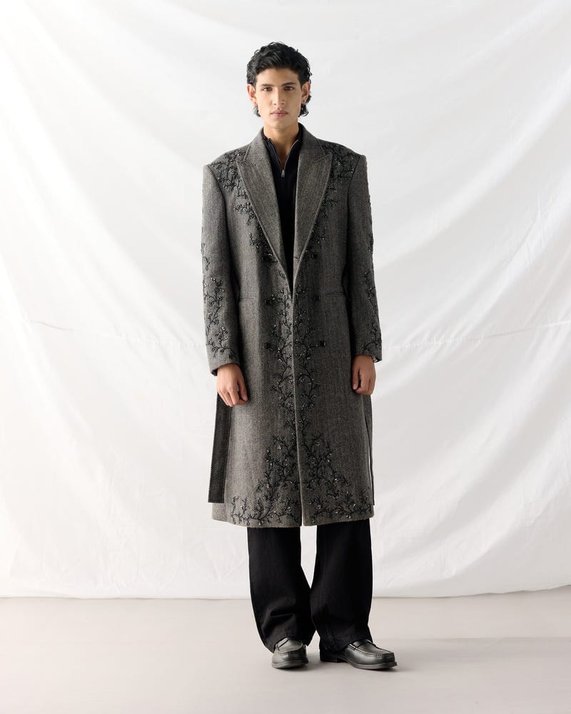 Midnight Vine Embroidered Wool Overcoat