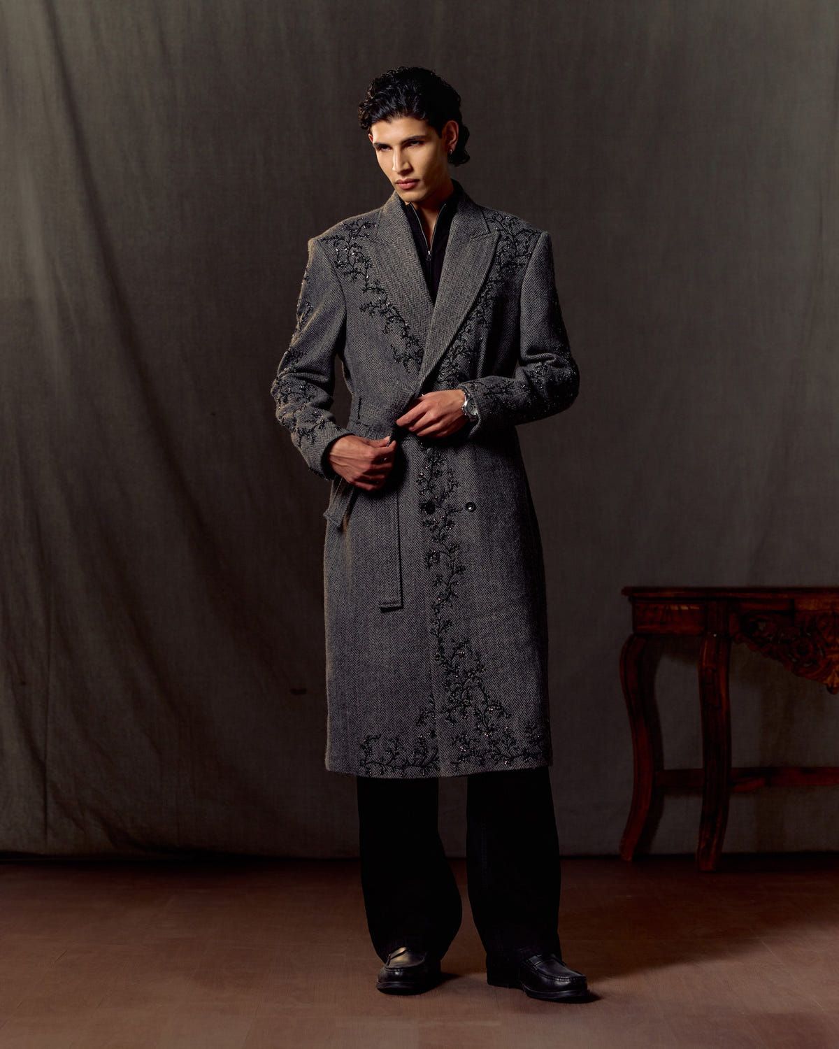 Midnight Vine Embroidered Wool Overcoat - image 4