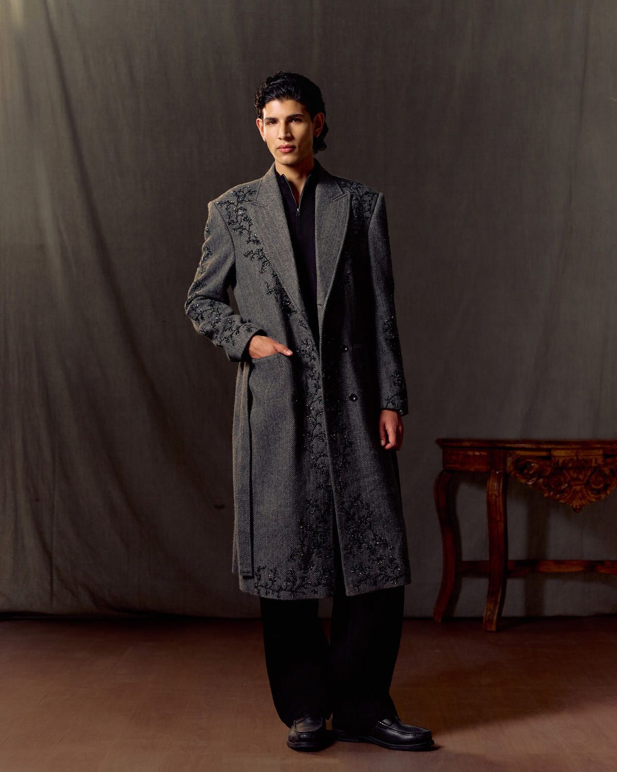 Midnight Vine Embroidered Wool Overcoat - image 6