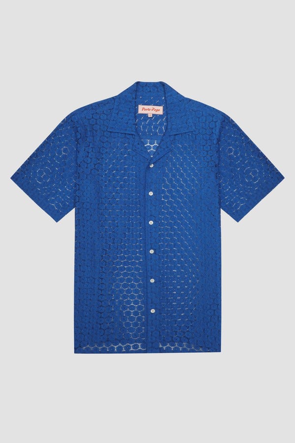 Perte D'ego — Floral lace shirt half sleeves- Deep sea blue
