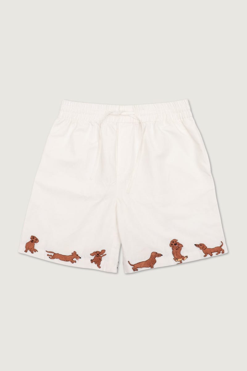 "Dachshund Dash" hand embroidered shorts