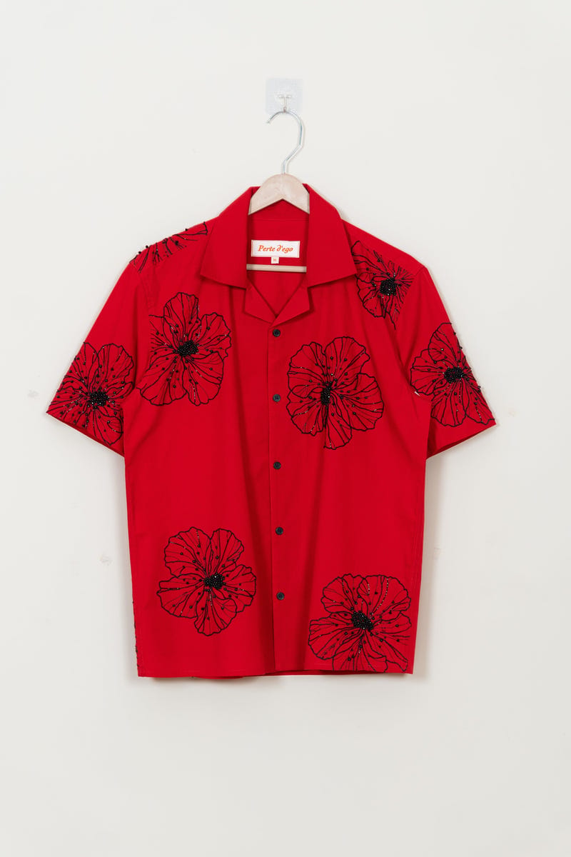 Red floral hand embroidered shirt