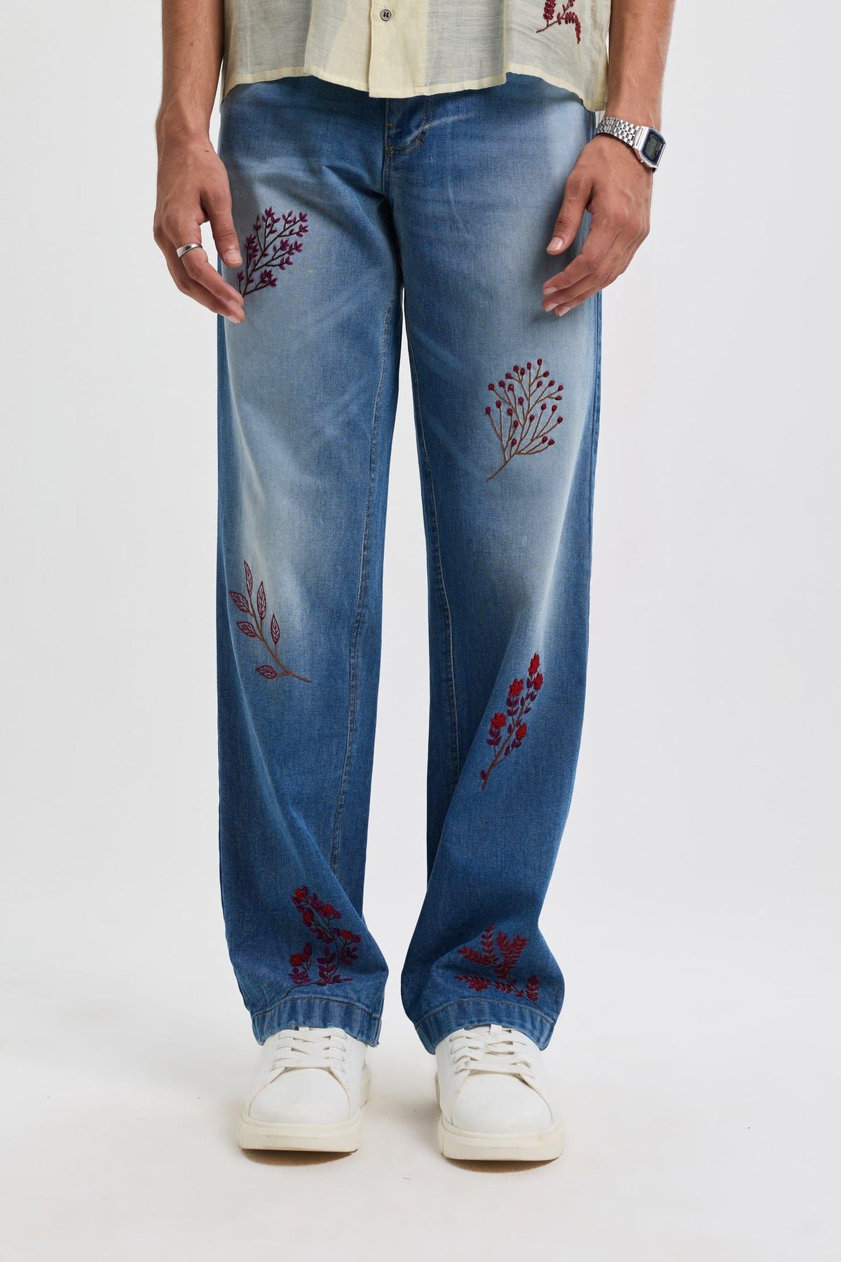 Tuscany floral hand embroidered straight fit jeans - image 1