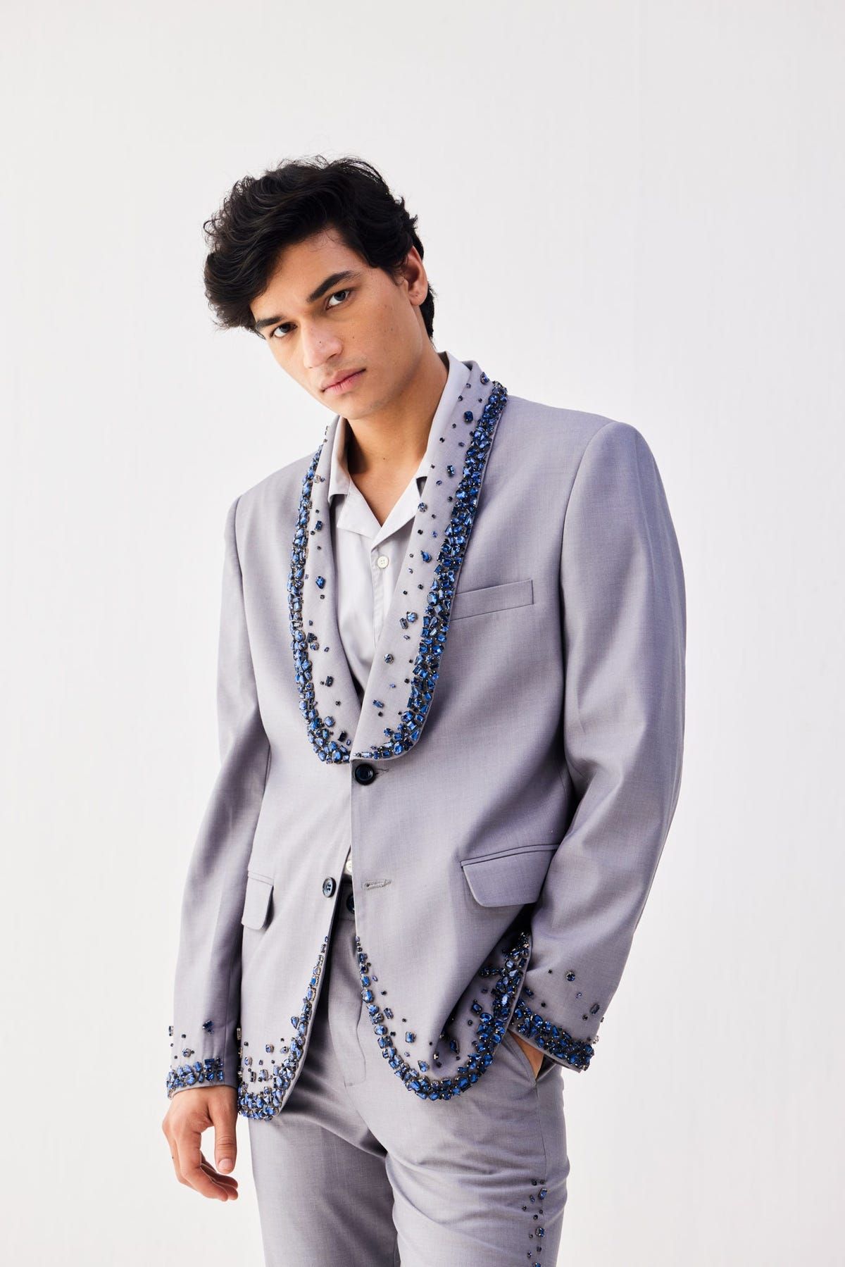 Blue stonework embroidered blazer - image 1
