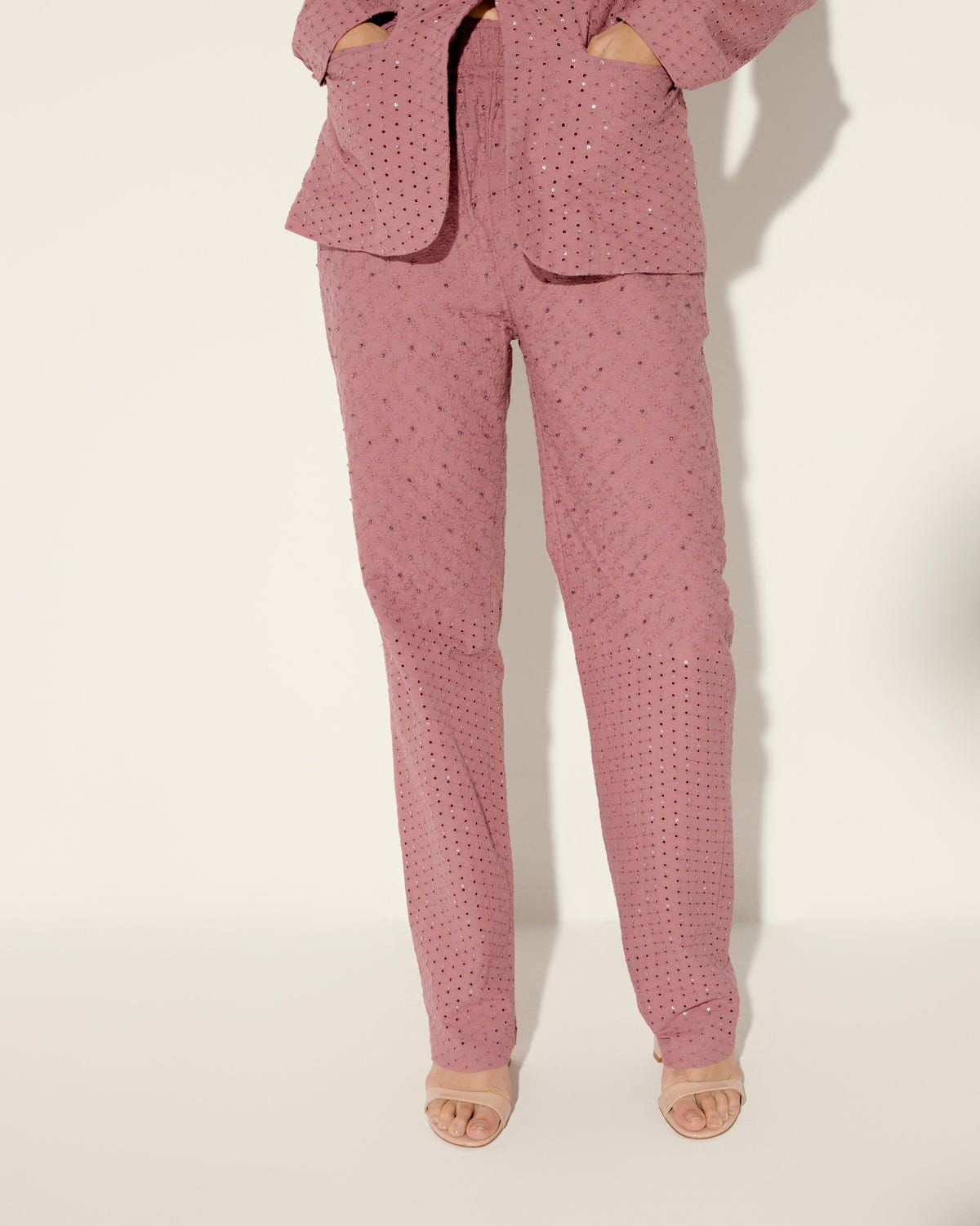 Coral pink hand embroidered pants - image 1