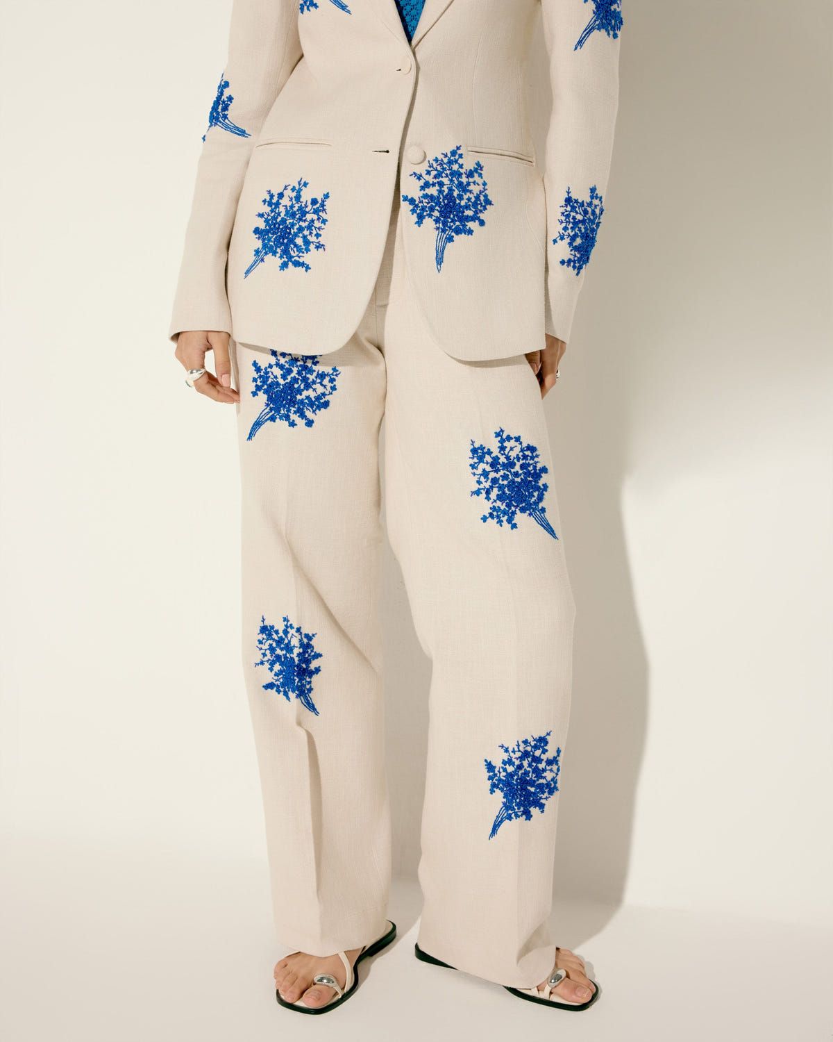 Blue floral embroidered wide leg pants - image 1