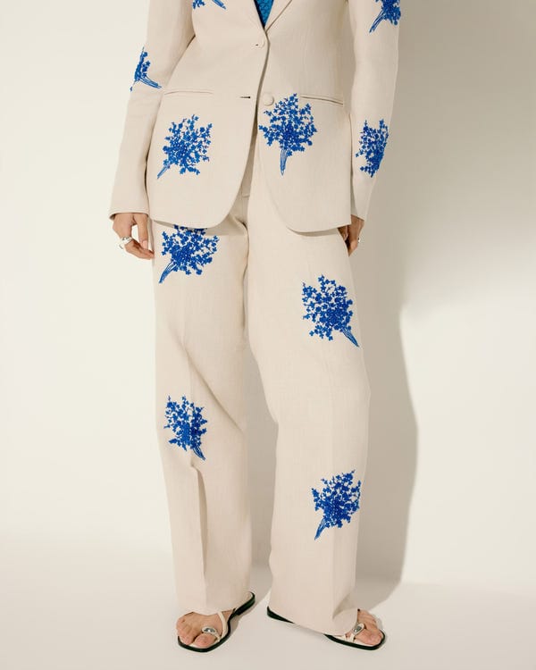 Perte D'ego — Blue floral embroidered wide leg pants