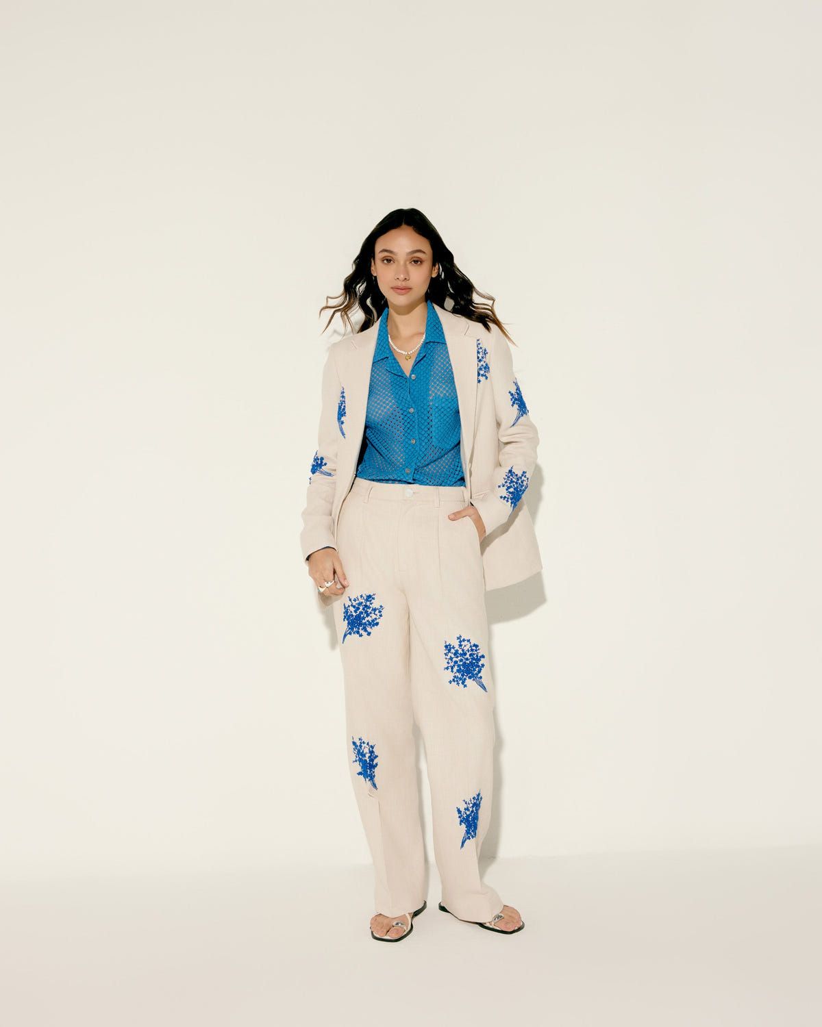 Blue floral embroidered wide leg pants - image 2