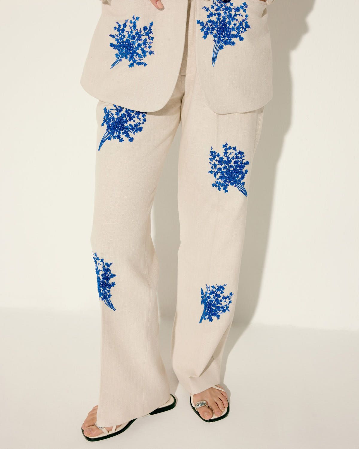 Blue floral embroidered wide leg pants - image 3