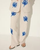 Blue floral embroidered wide leg pants view 3