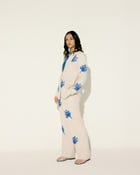 Blue floral embroidered wide leg pants view 4