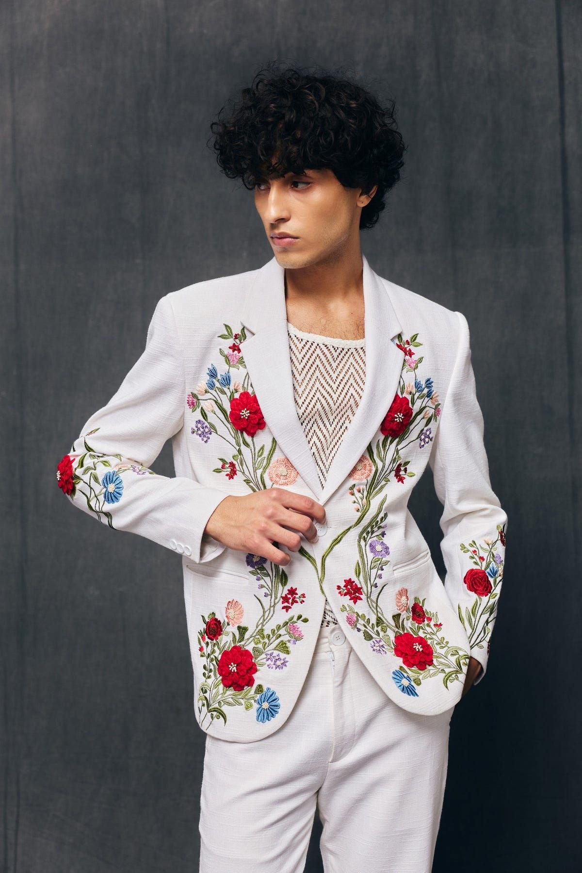"Le Jardin" hand embroidered blazer-Ivory - image 1