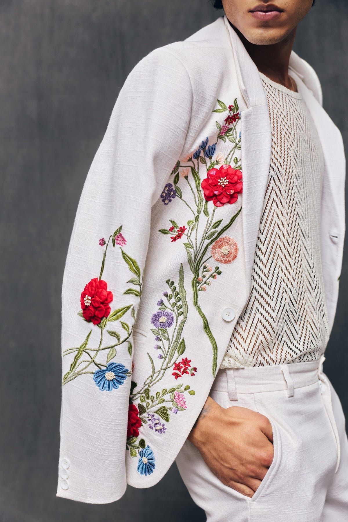 "Le Jardin" hand embroidered blazer-Ivory - image 3