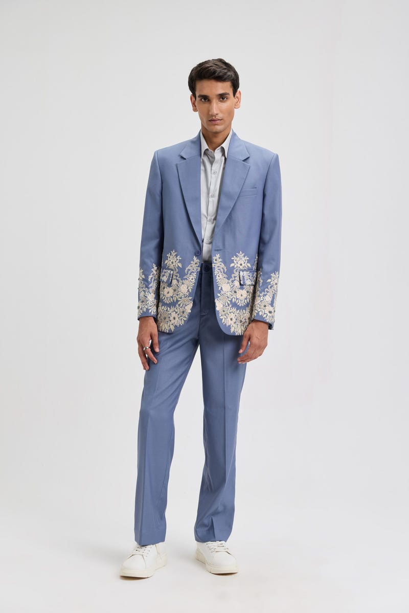 "Azure Bloom" Hand Embroidered Blazer