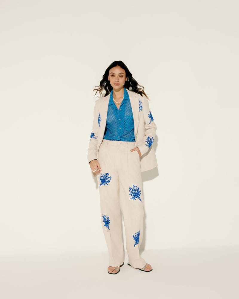Blue floral bunch hand embroidered blazer