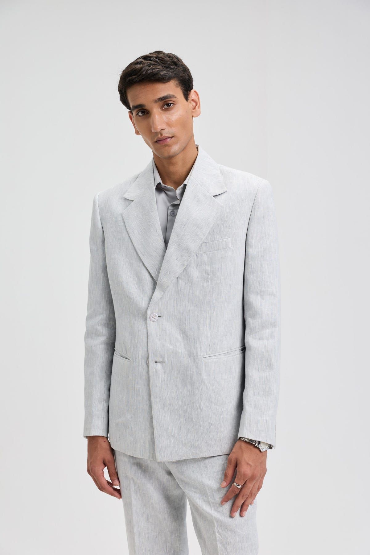 Classic Double-Breasted Linen Blazer- Light Grey - image 1