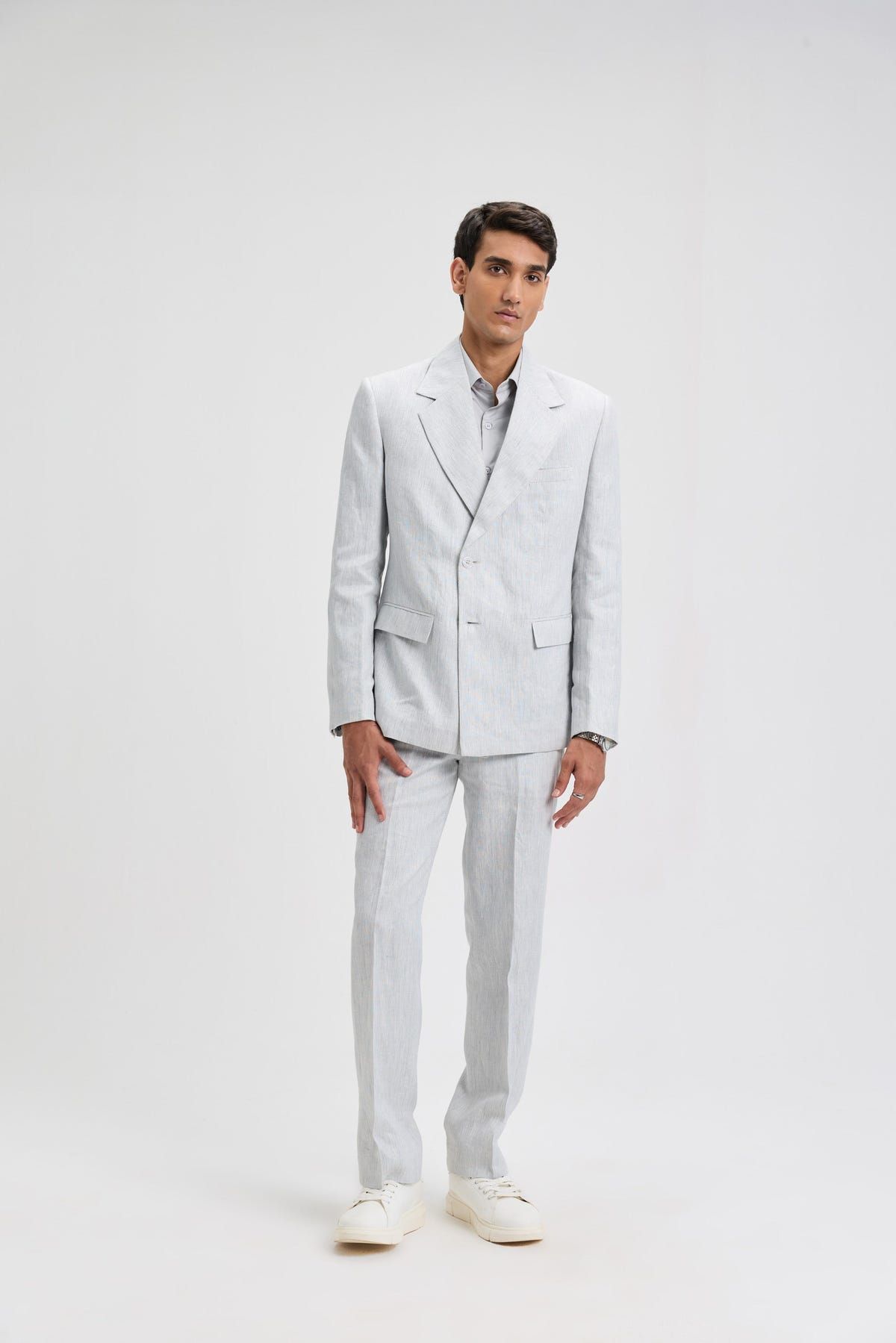 Classic Double-Breasted Linen Blazer- Light Grey - image 2