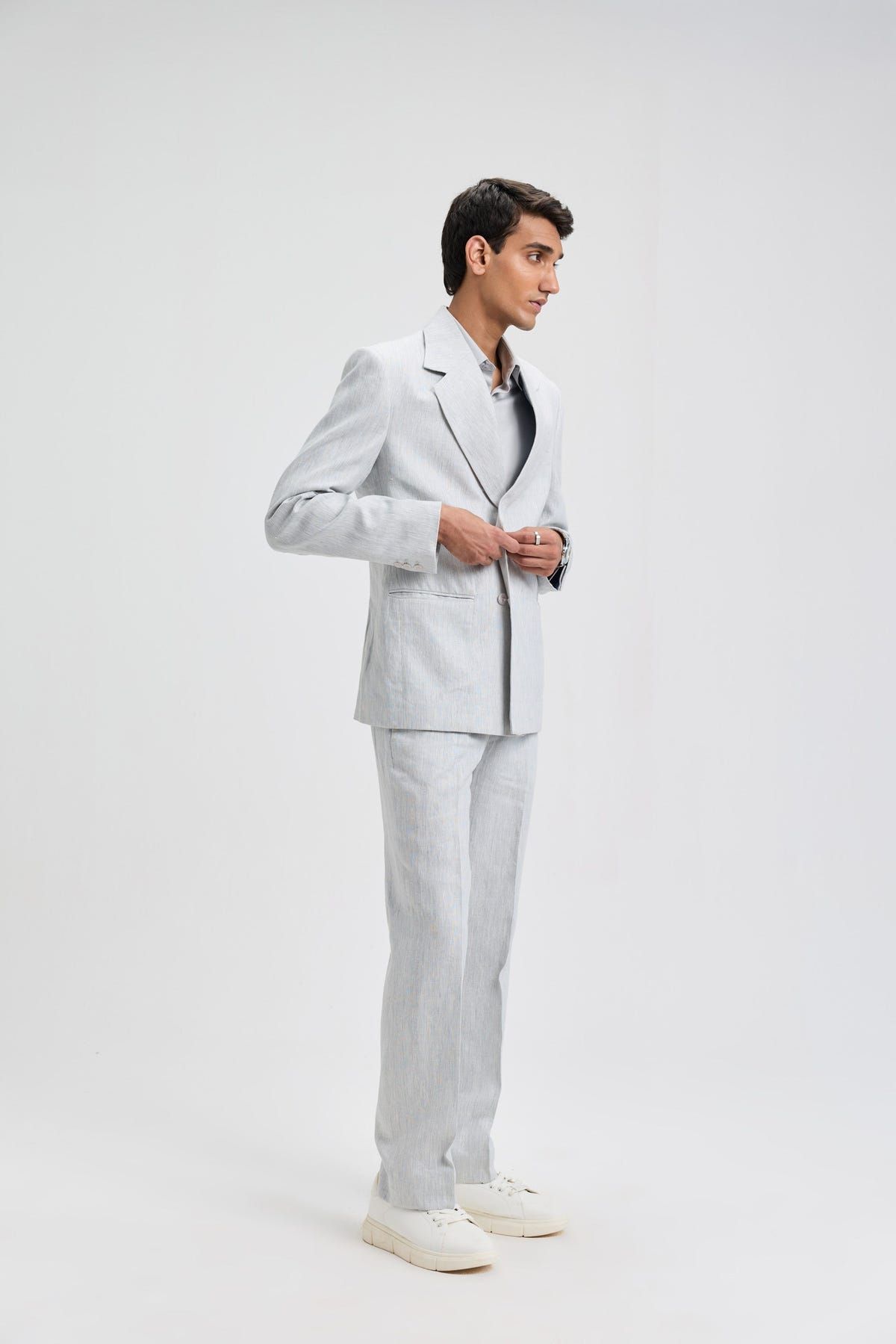 Classic Double-Breasted Linen Blazer- Light Grey - image 3