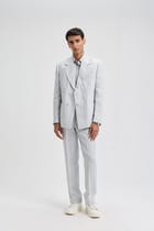 Classic Double-Breasted Linen Blazer- Light Grey view 4